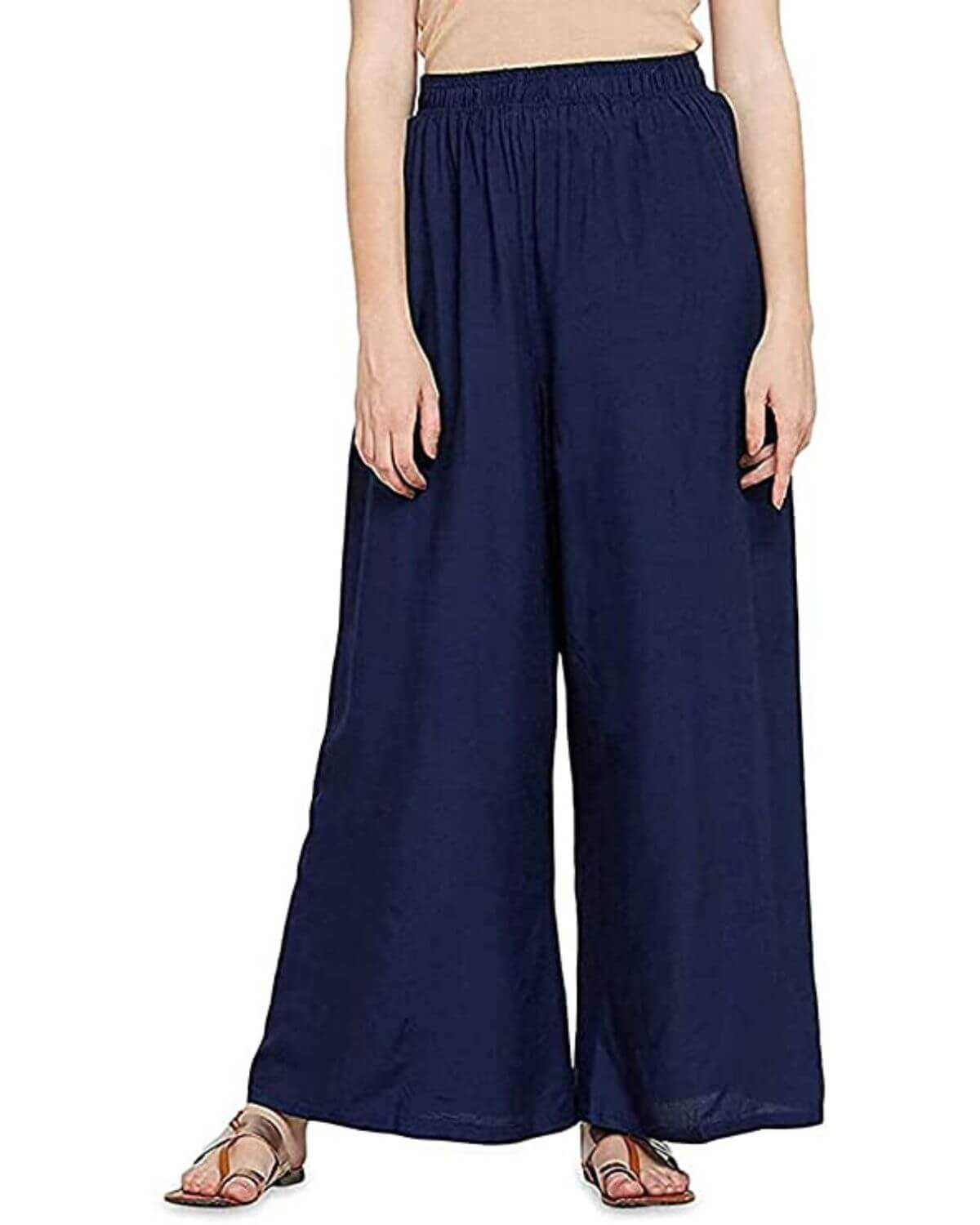 Navy Blue Rayon Cotton Regular Fit Palazzo Pants for Women