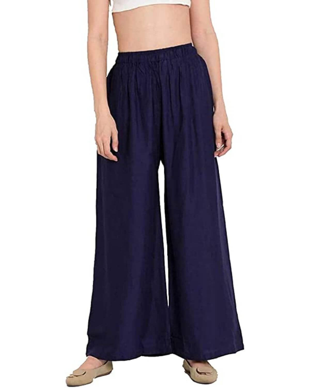 Navy Blue Rayon Cotton Regular Fit Palazzo Pants for Women
