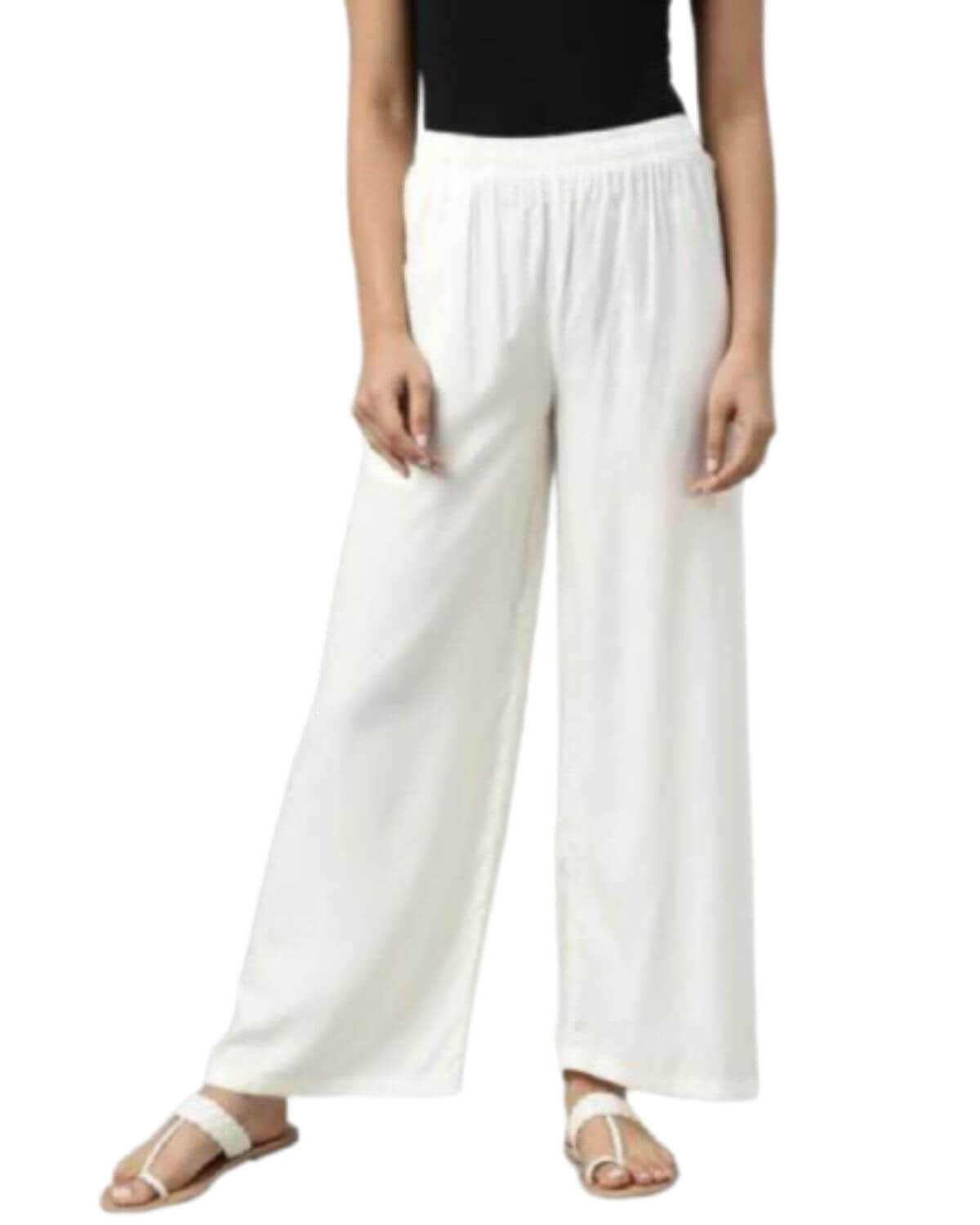 Off White Rayon Cotton Regular Fit Palazzo Pants for Women