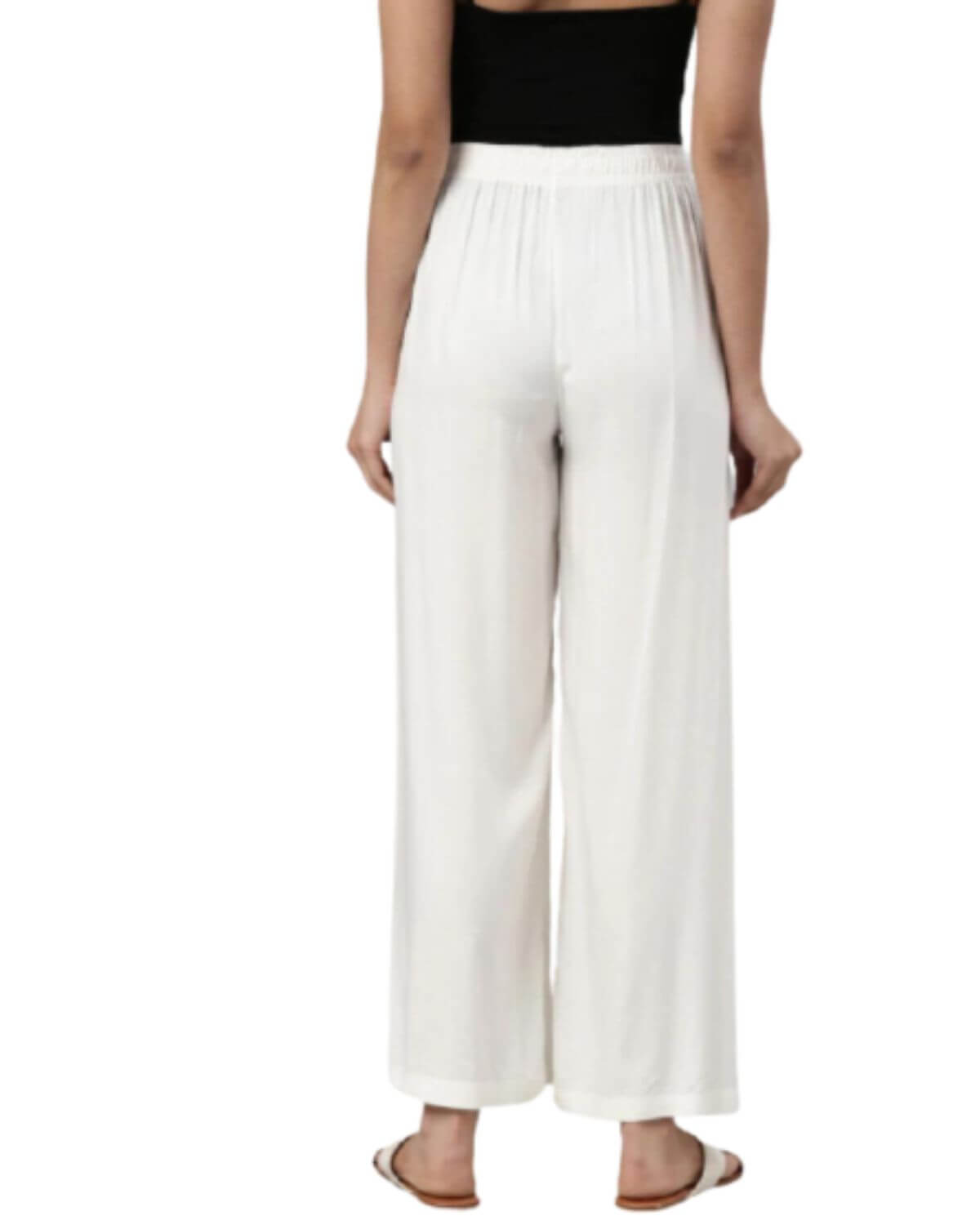 Off White Rayon Cotton Regular Fit Palazzo Pants for Women