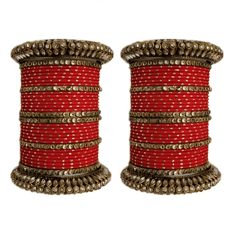 Pair of 2 Set Brass Stone Bangles with Golden Dots Matte Texture Metal Bangles"