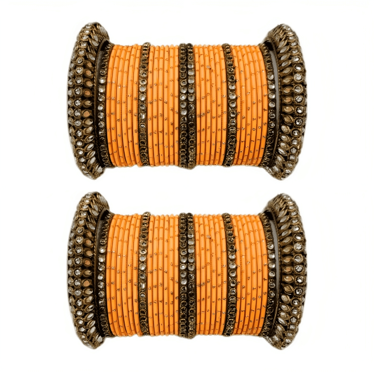 Pair of 2 Set Brass Stone Bangles with Golden Dots Matte Texture Metal Bangles"