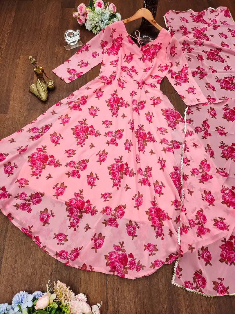 Pink Colored Georgette Gown With Dupatta