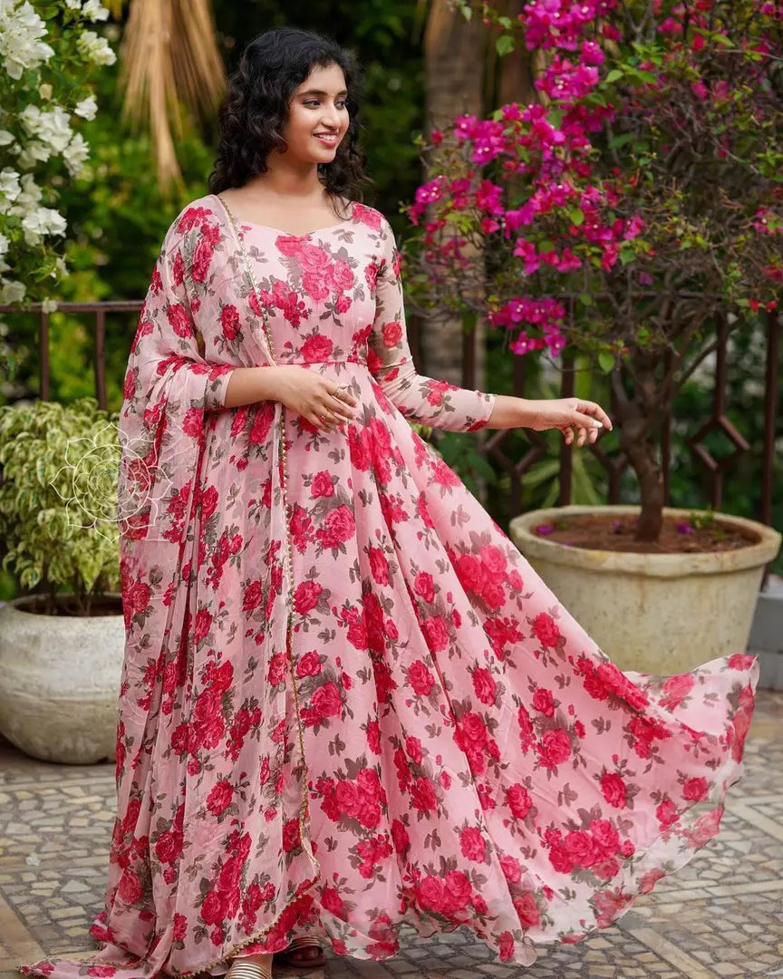 Pink Colored Georgette Gown With Dupatta