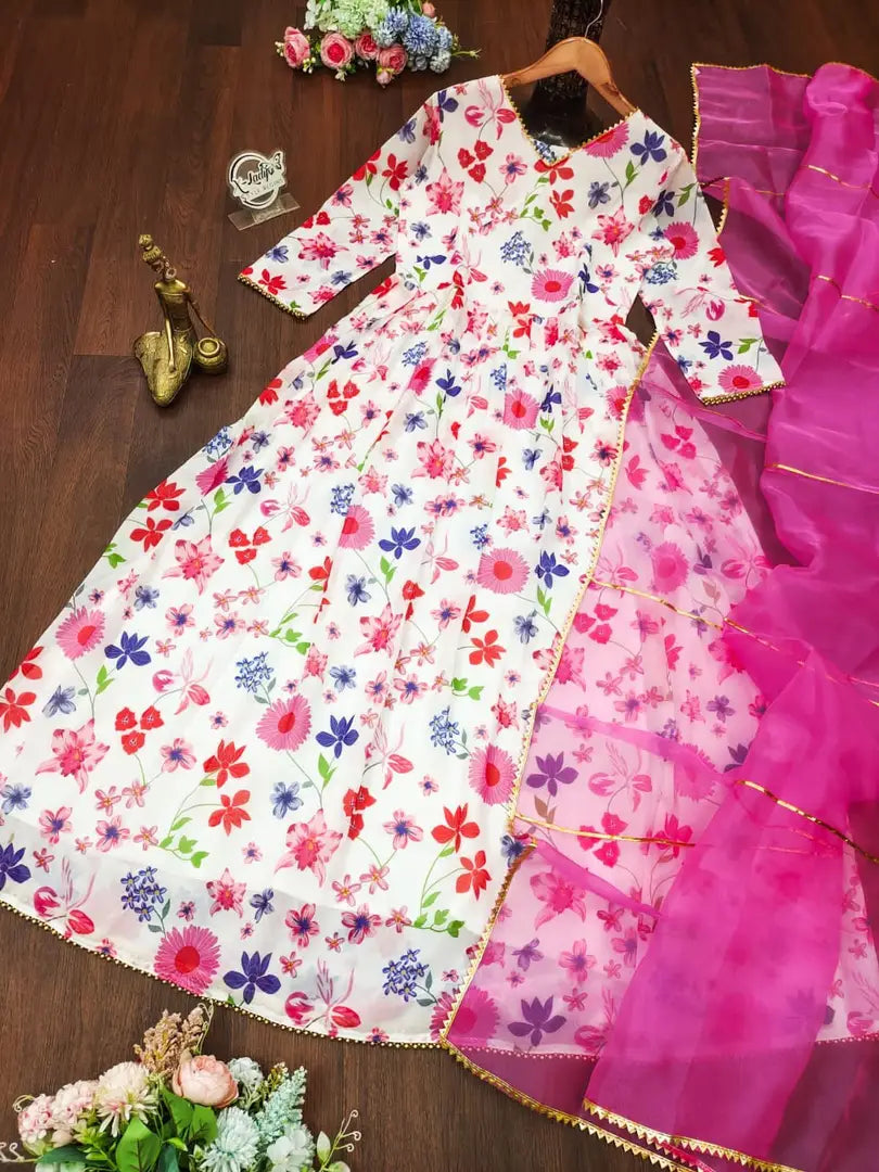 WHITE PINK COLOURED GEORGETTE GOWN WITH DUPATTA
