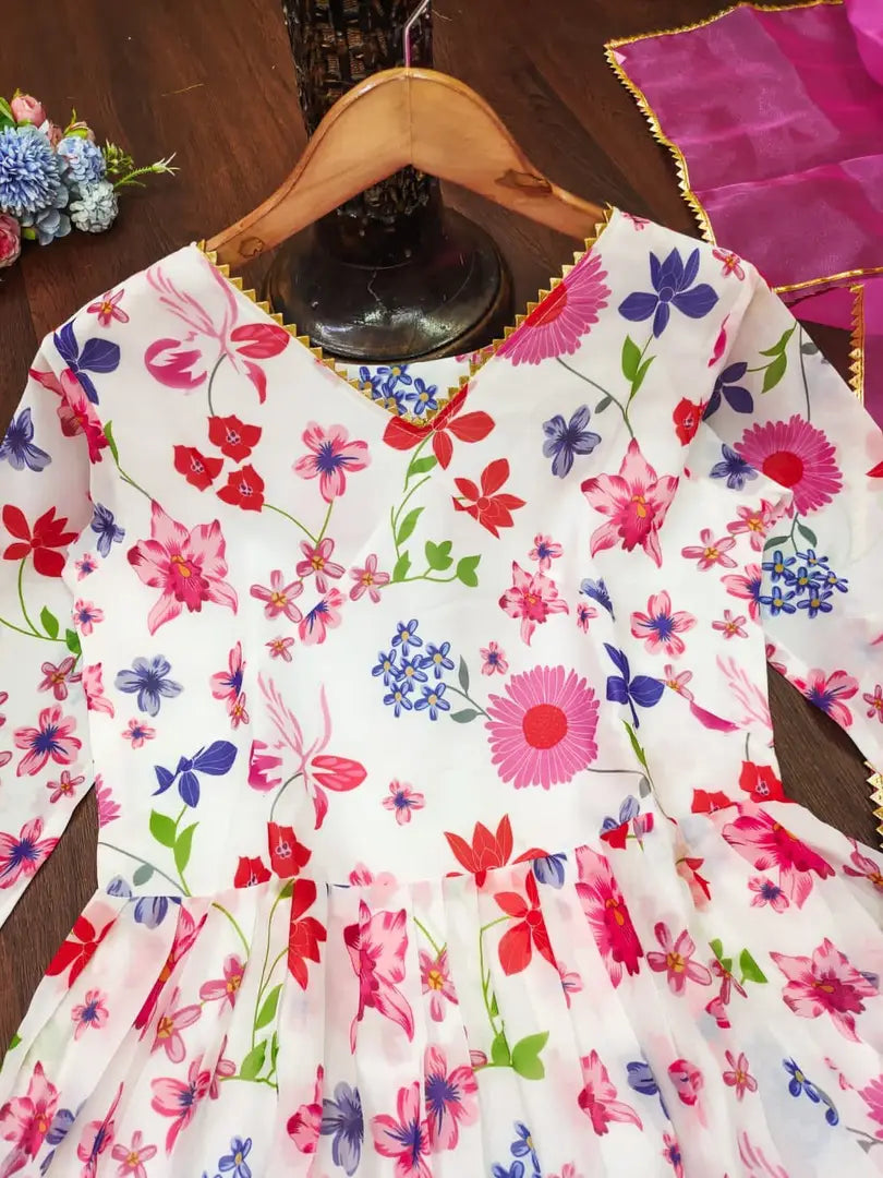 WHITE PINK COLOURED GEORGETTE GOWN WITH DUPATTA