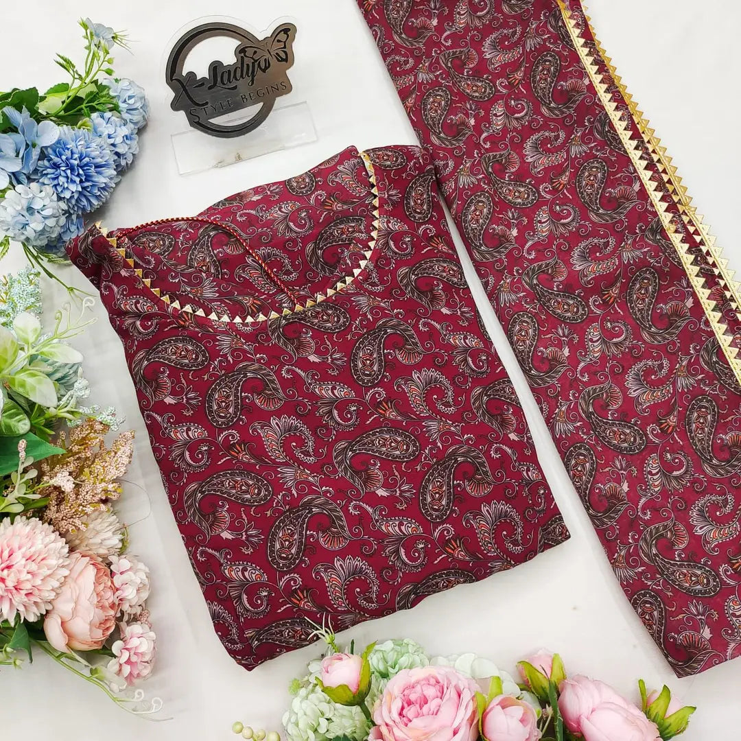 MAROON MULTICOLOURED GEORGETTE GOWN WITH DUPATTA