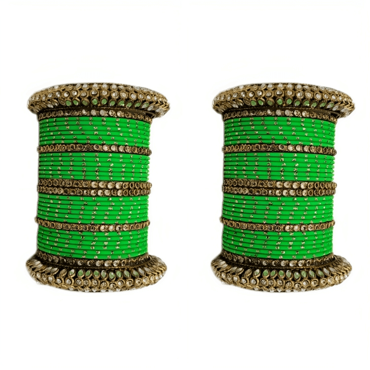 Pair of 2 Set Brass Stone Bangles with Golden Dots Matte Texture Metal Bangles"