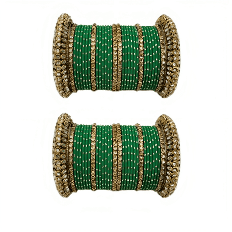 Pair of 2 Set Brass Stone Bangles with Golden Dots Matte Texture Metal Bangles"