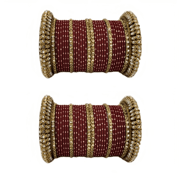 Pair of 2 Set Brass Stone Bangles with Golden Dots Matte Texture Metal Bangles"