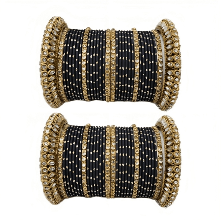 Pair of 2 Set Brass Stone Bangles with Golden Dots Matte Texture Metal Bangles"