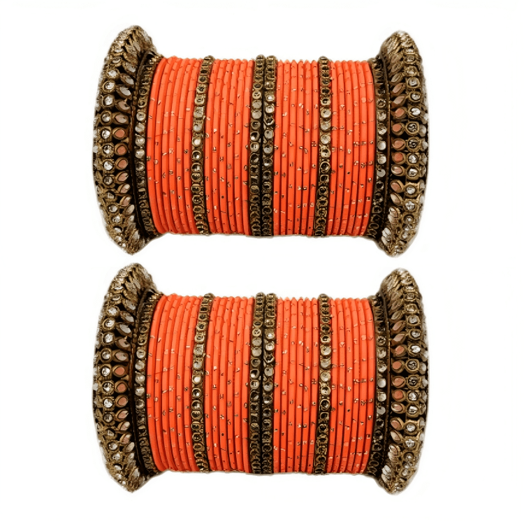 Pair of 2 Set Brass Stone Bangles with Golden Dots Matte Texture Metal Bangles"