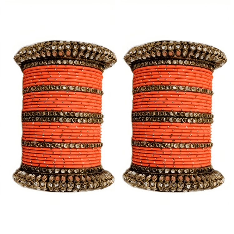 Pair of 2 Set Brass Stone Bangles with Golden Dots Matte Texture Metal Bangles"