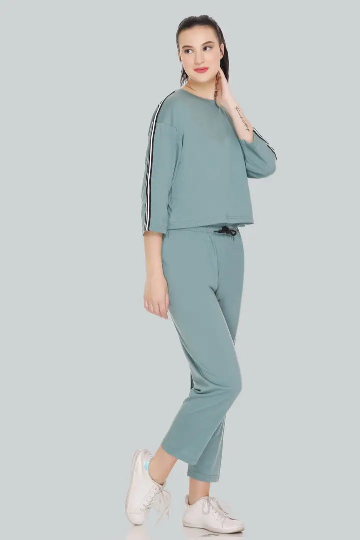 Elite Green Cotton Blend Long Tracksuit For Women