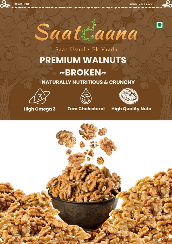 Saatdaana Premium Walnuts pack front side with walnuts in a bowl