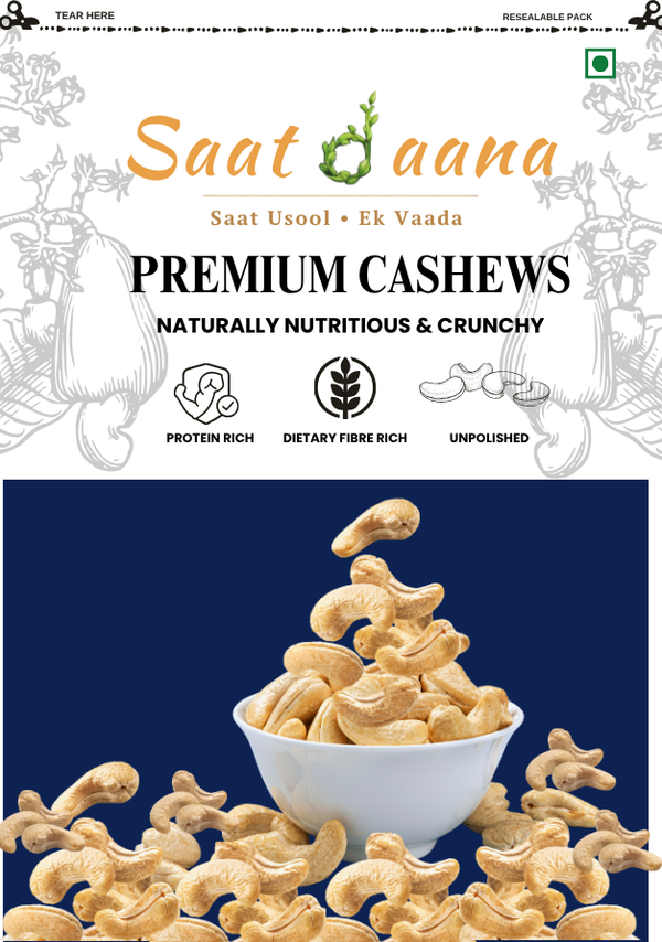 Saatdaana Premium Cashews pack front side with cashews in a white bowl