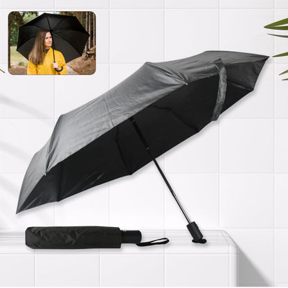 Compact Black windproof 2-fold umbrella, sunproof and rainproof, with a sturdy steel shaft and wrist strap. Lightweight and easy to carry