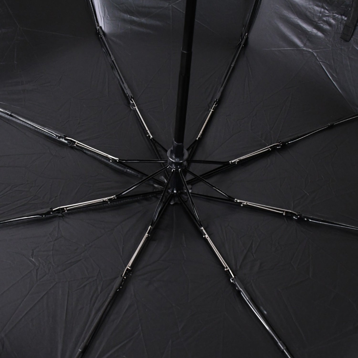 Compact Black windproof 2-fold umbrella, sunproof and rainproof, with a sturdy steel shaft and wrist strap. Lightweight and easy to carry