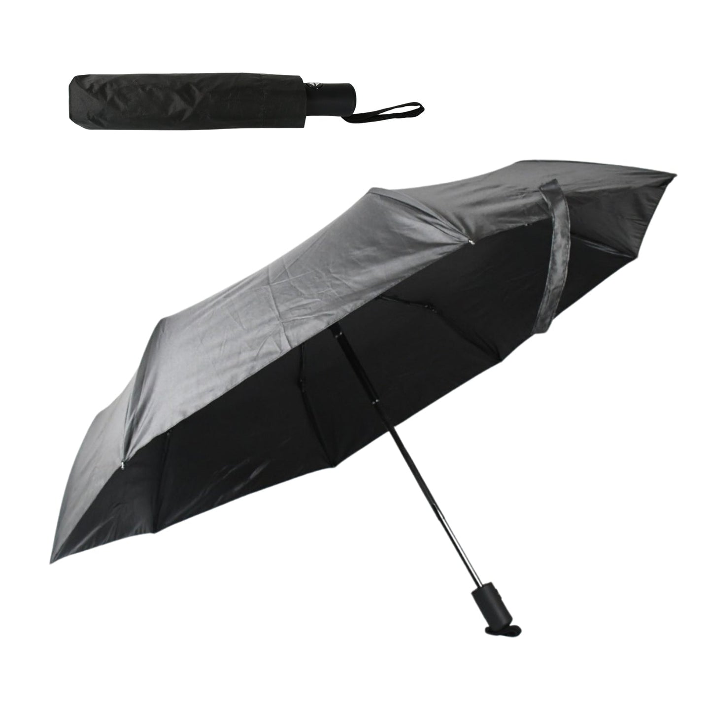 Compact Black windproof 2-fold umbrella, sunproof and rainproof, with a sturdy steel shaft and wrist strap. Lightweight and easy to carry