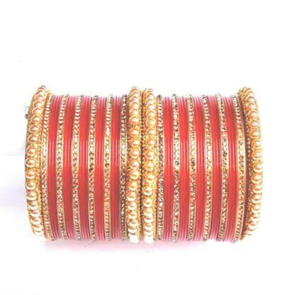 Red Fancy Golden Crystal Bridal Chuda Bangles Set with Pearls and Stones | Punjabi Wedding Red and Golden Chuda Set for Women and Girls | Set of Bangles for Both Hands