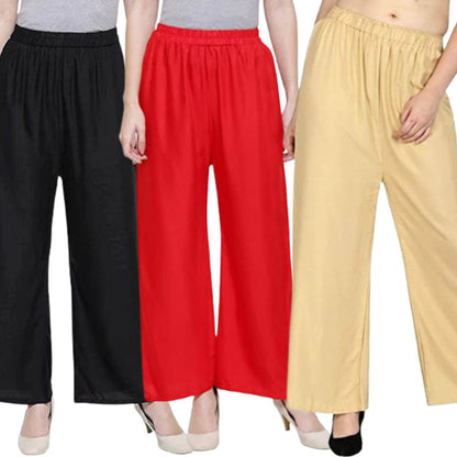 Ethnic Wear Rayon Cotton Plazzo Pants for Women Combo Pack of 3 (Red, Black, Beige)