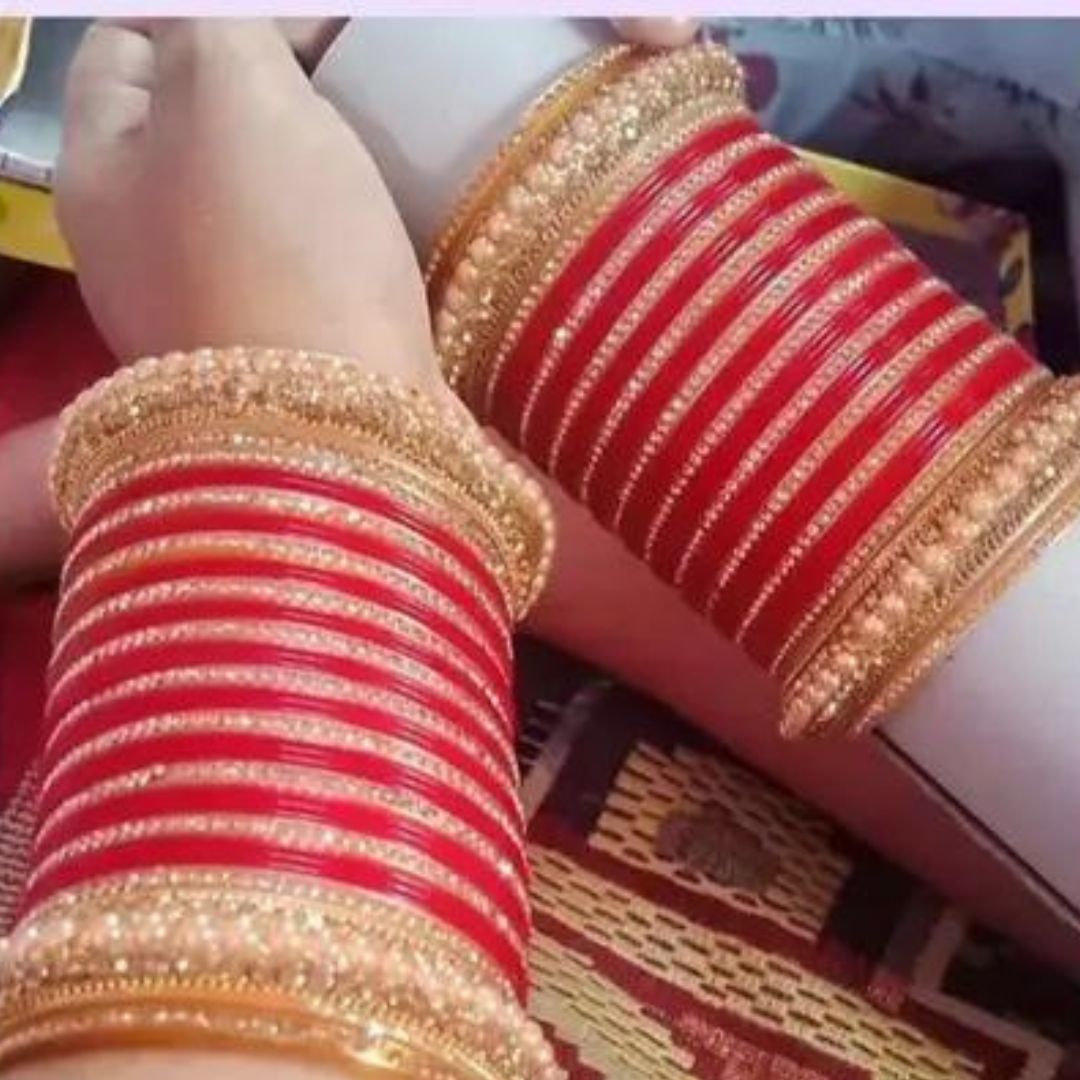 Red Fancy Golden Crystal Bridal Chuda Bangles Set with Pearls and Stones | Punjabi Wedding Red and Golden Chuda Set for Women and Girls | Set of Bangles for Both Hands