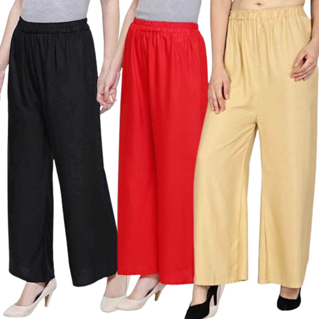 Ethnic Wear Rayon Cotton Plazzo Pants for Women Combo Pack of 3 (Red, Black, Beige)