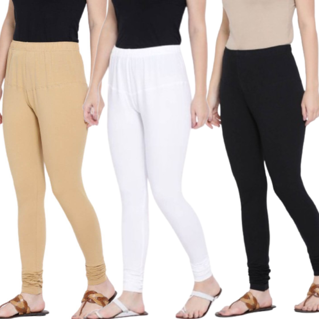 3 pack of stretchable churidar length leggings in black, white, and beige. Made from cotton lycra blend. Free size.