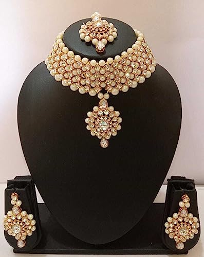 Gold-plated long traditional pearls necklace set with earrings and maang tika for women and girls.