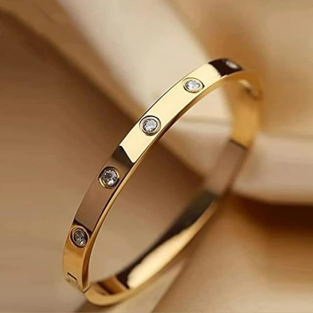 18K Gold Plated Stainless Steel Crystal Stone Cuff Bracelet - Anti-Tarnish Women's Jewelry, Elegant Kada for Women & Girls