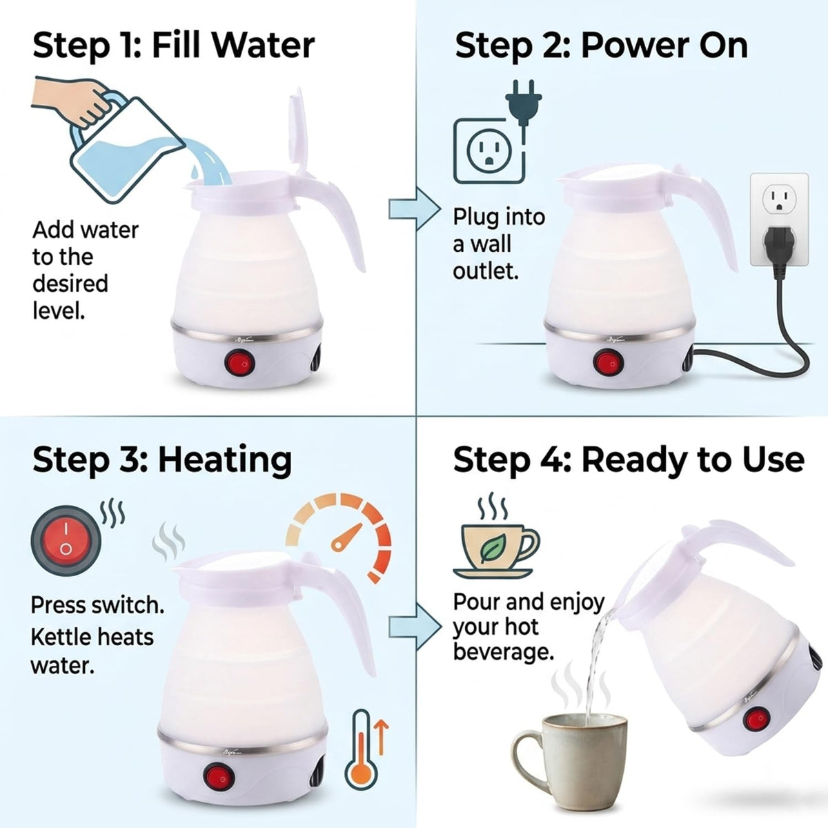 Step-by-step guide to using the white electric foldable kettle