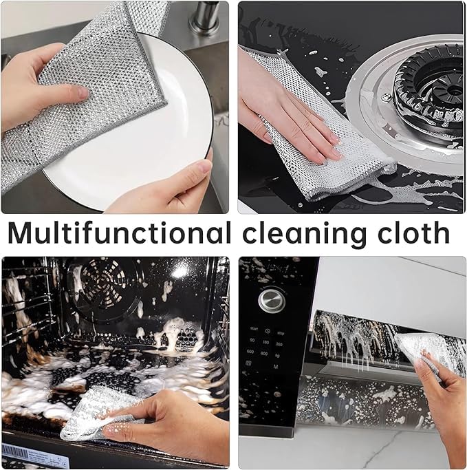 Double-Sided Multipurpose Wire Dishwashing Rags for Wet and Dry, Cleaning Scrubber Dish Microfiber Cloths, Stainless Steel Non-Scratch Wire Scrubber, Durable Kitchen Scrub (Pack of 10)