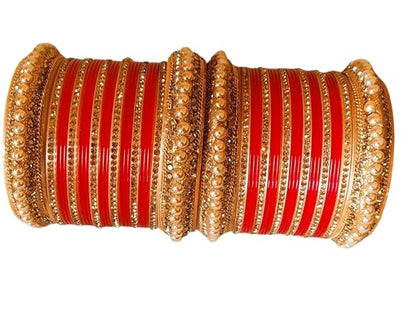 Red Fancy Golden Crystal Bridal Chuda Bangles Set with Pearls and Stones | Punjabi Wedding Red and Golden Chuda Set for Women and Girls | Set of Bangles for Both Hands