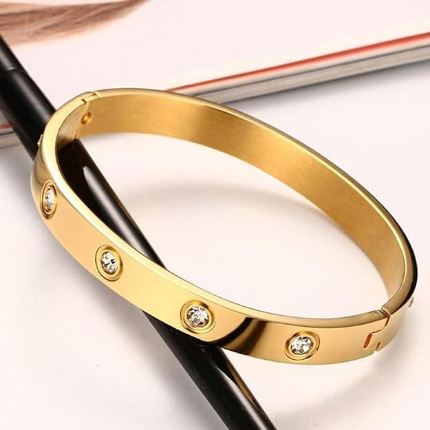 18K Gold Plated Stainless Steel Crystal Stone Cuff Bracelet - Anti-Tarnish Women's Jewelry, Elegant Kada for Women & Girls