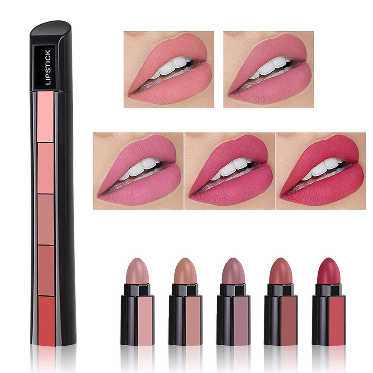 5-in-1 Lipsticks Combo Set, Red & Nude Edition Colors Sensational Fabulous Velvety Matte Finish Shades, Pack of 2pcs