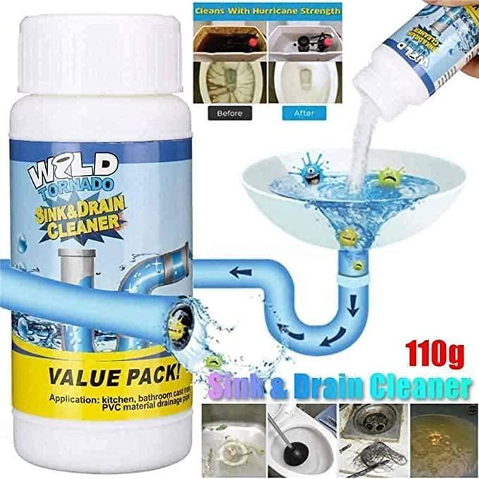 Powerful Drain and Sink Blockage Cleaner Powder in 110g Container, Effective Clog Remover and Cleaning Tool for Toilets and Kitchens