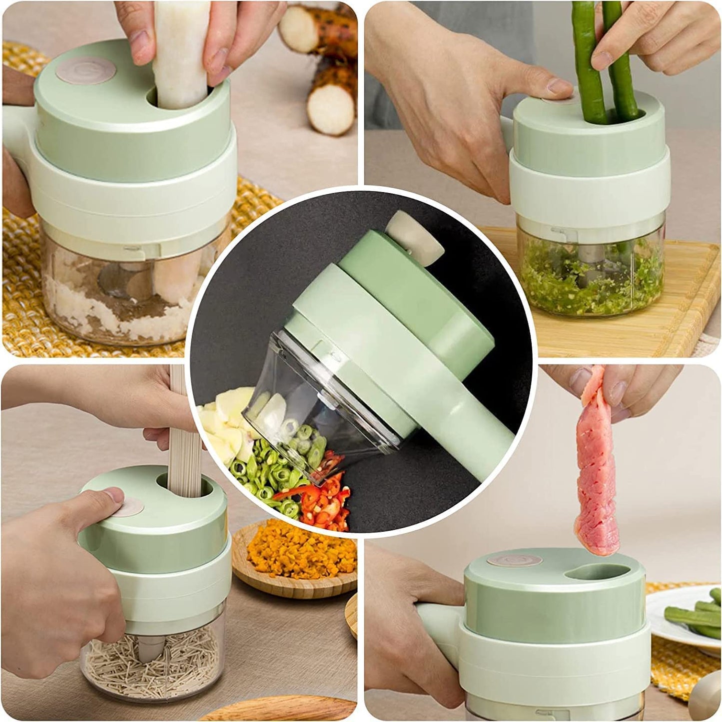 4 in1 Electric Handheld Cooking Vegetable Cutter Set, Electric Food Chopper, Multifunction Vegetable Fruit Slicer,  Food Processor Vegetable Chopper for Garlic, Chili, Onion, Ginger