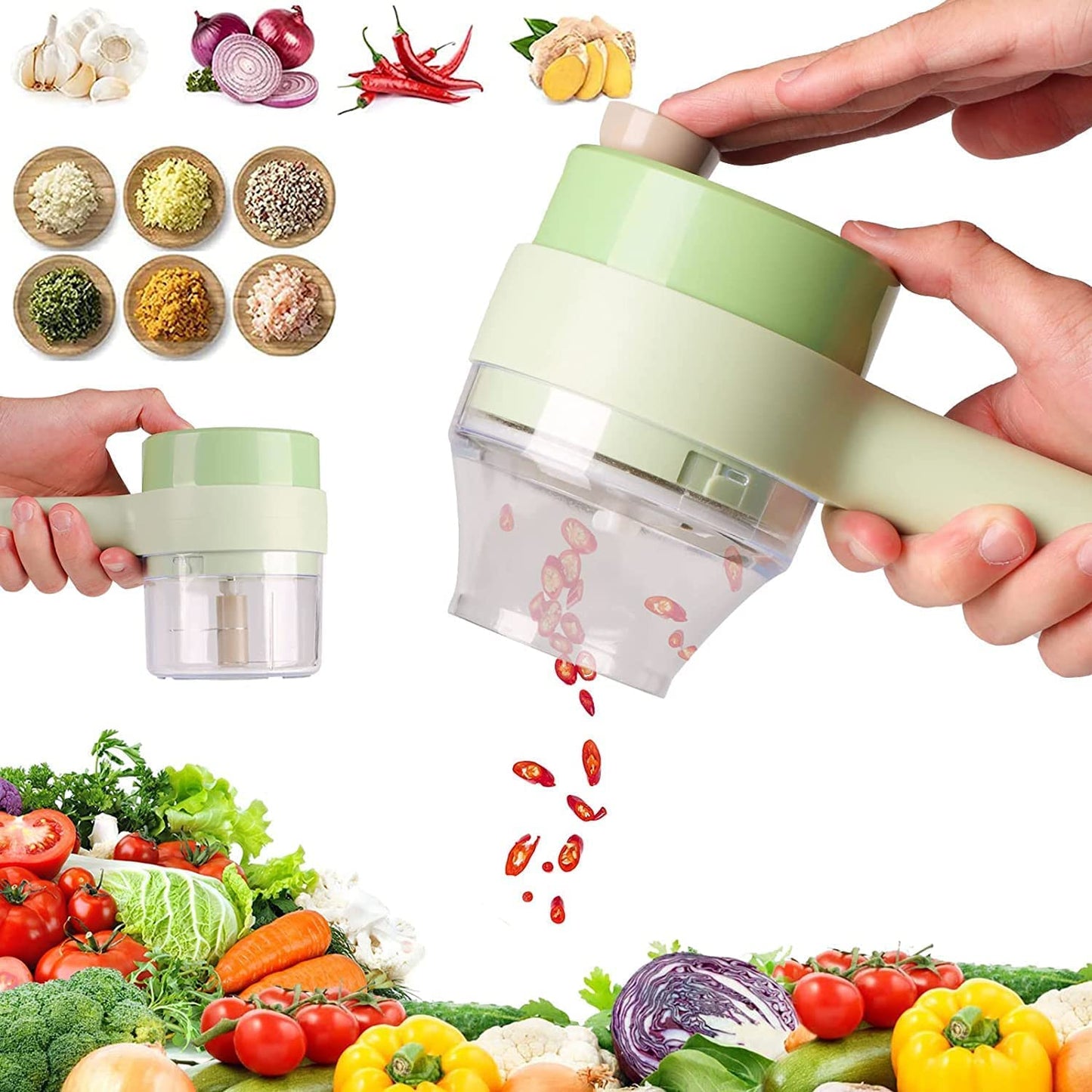 4 in1 Electric Handheld Cooking Vegetable Cutter Set, Electric Food Chopper, Multifunction Vegetable Fruit Slicer,  Food Processor Vegetable Chopper for Garlic, Chili, Onion, Ginger