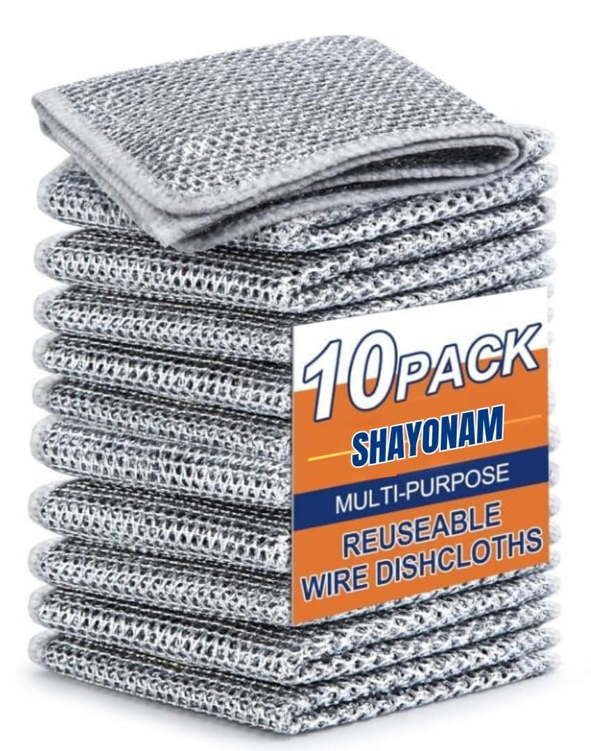 Double-Sided Multipurpose Wire Dishwashing Rags for Wet and Dry, Cleaning Scrubber Dish Microfiber Cloths, Stainless Steel Non-Scratch Wire Scrubber, Durable Kitchen Scrub (Pack of 10)