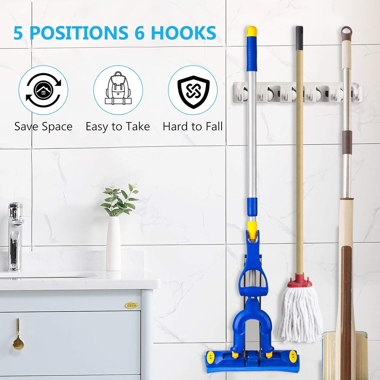 5 Position 6 Hooks: Multipurpose Wall Mounted Organizer Storage Hooks - Perfect Broom Hanger for Kitchen, Garden, and Garage - Mop and Broom Holder