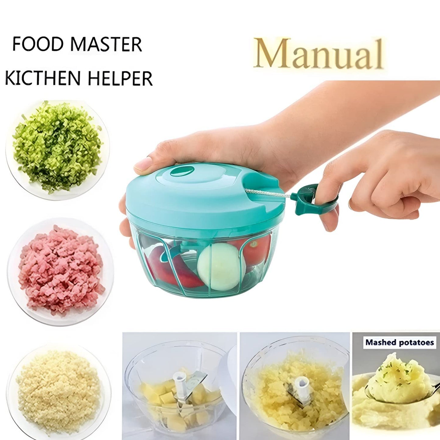 Mini Dori Handy and Compact Manual Chopper with 3 Stainless Steel Blades for Effortlessly Chopping Vegetables and Fruits for Your Kitchen, Quick String Chopper Cutter (Green, 450 ml)