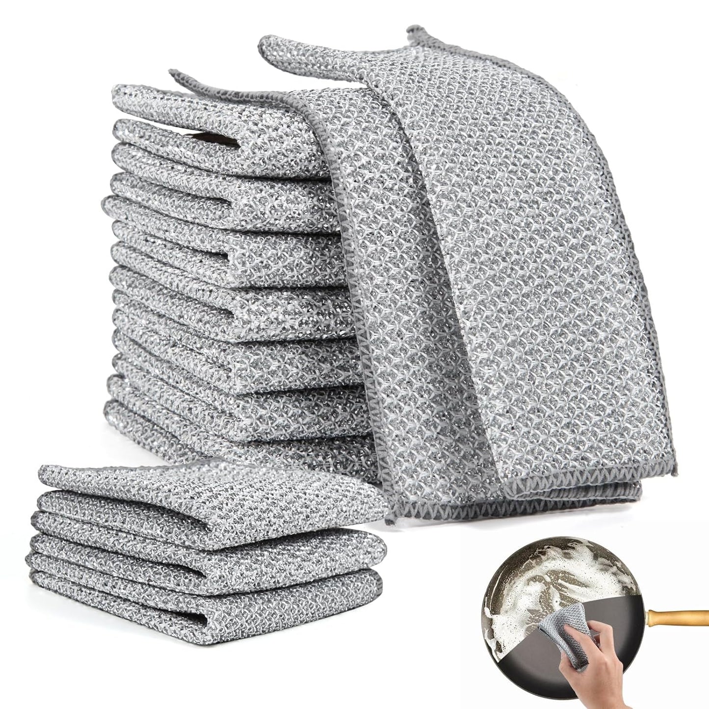 Double-Sided Multipurpose Wire Dishwashing Rags for Wet and Dry, Cleaning Scrubber Dish Microfiber Cloths, Stainless Steel Non-Scratch Wire Scrubber, Durable Kitchen Scrub (Pack of 10)