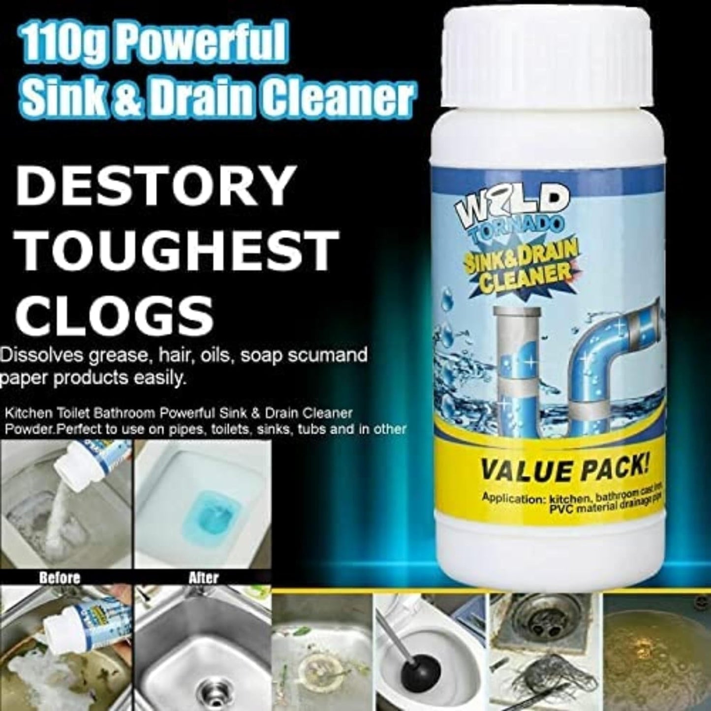 Powerful Drain and Sink Blockage Cleaner Powder, Drain Cleaner Powder, Toilet Blockage Cleaner, Clog Remover, Cleaning Tool, Super Chemical Powder Agent For Kitchen, (110 G) (Pack of 1)