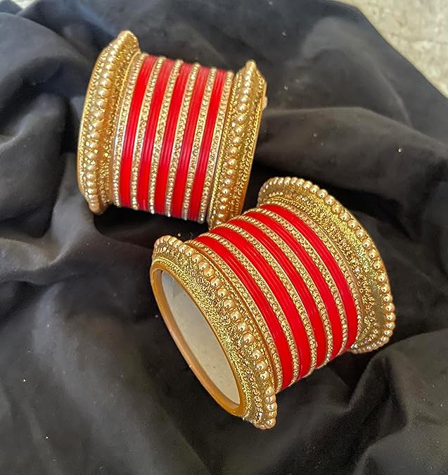 Red Fancy Golden Crystal Bridal Chuda Bangles Set with Pearls and Stones | Punjabi Wedding Red and Golden Chuda Set for Women and Girls | Set of Bangles for Both Hands