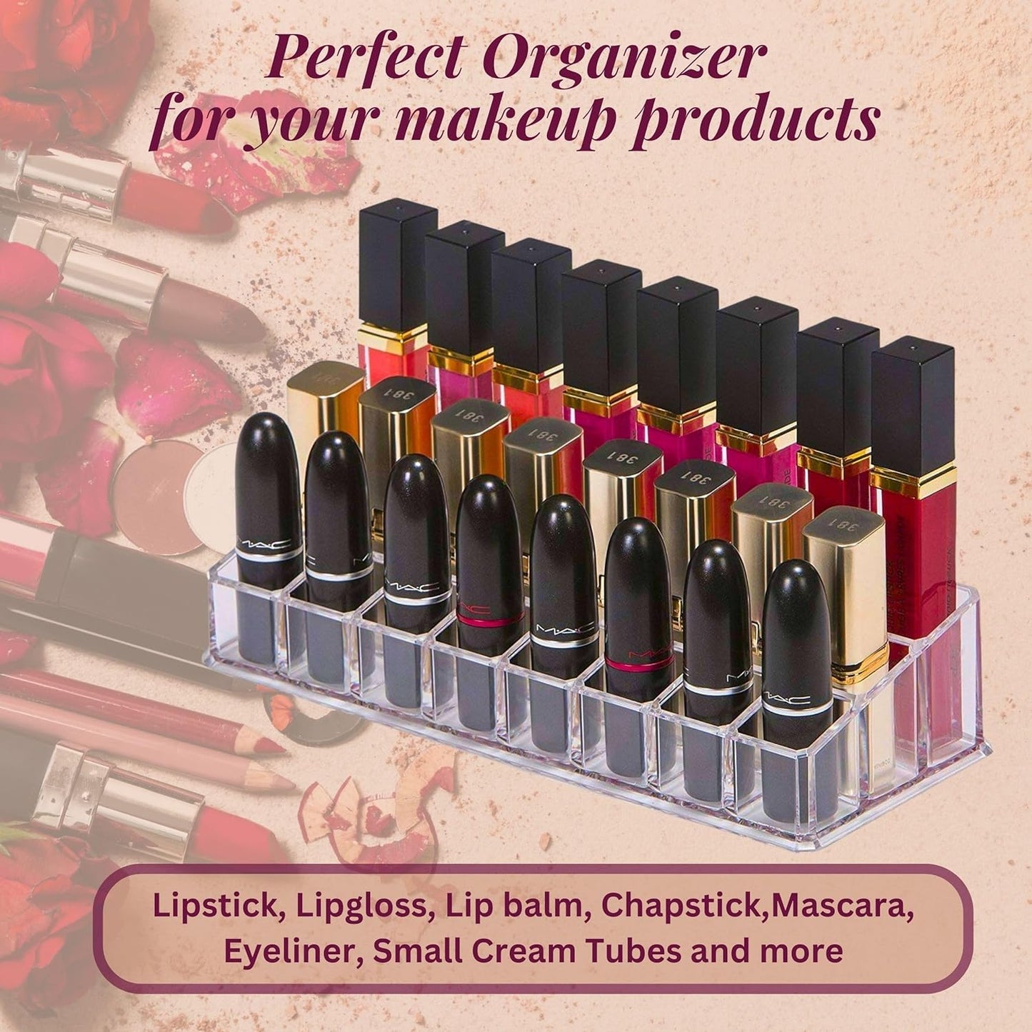 24 Compartment Acrylic Lipstick & Makeup Organizer Tray For Women