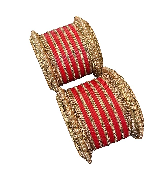 Red Fancy Golden Crystal Bridal Chuda Bangles Set with Pearls and Stones | Punjabi Wedding Red and Golden Chuda Set for Women and Girls | Set of Bangles for Both Hands