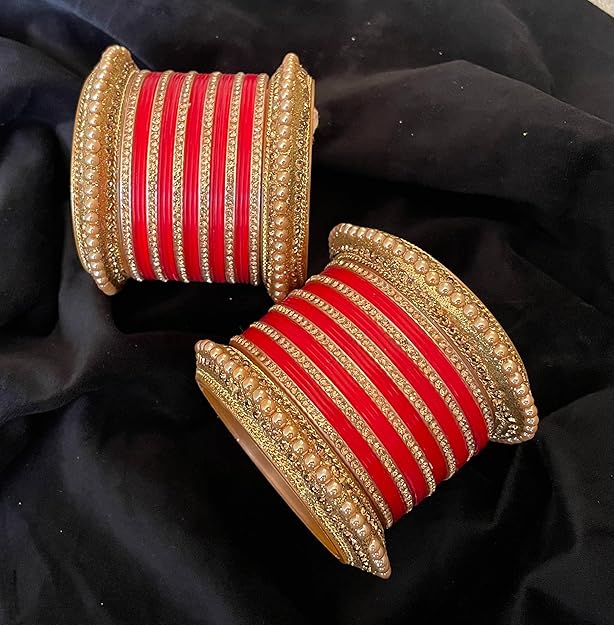 Red Fancy Golden Crystal Bridal Chuda Bangles Set with Pearls and Stones | Punjabi Wedding Red and Golden Chuda Set for Women and Girls | Set of Bangles for Both Hands