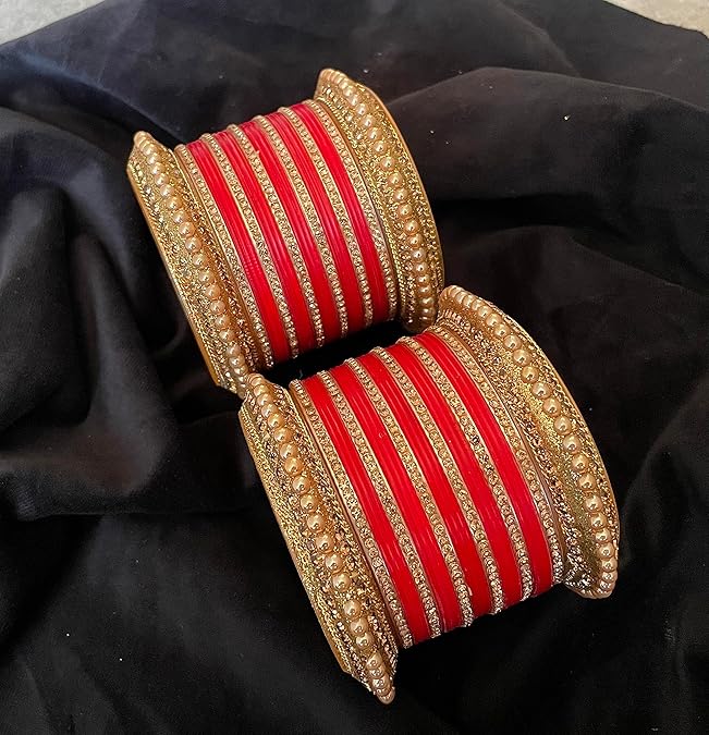 Red Fancy Golden Crystal Bridal Chuda Bangles Set with Pearls and Stones | Punjabi Wedding Red and Golden Chuda Set for Women and Girls | Set of Bangles for Both Hands