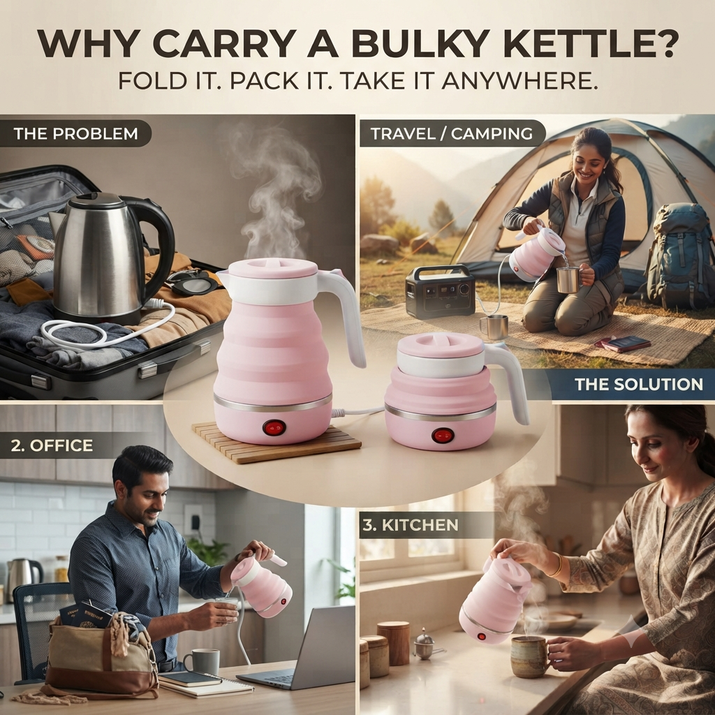 Pink foldable kettle collage comparing a bulky kettle to the compact folded kettle, shown used while camping, at the office, and in the kitchen