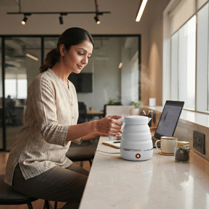 White electric foldable kettle plugged in and in use on an office desk beside a laptop
